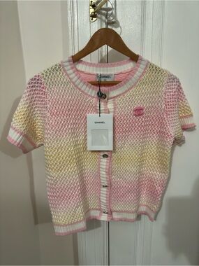 ✨ Chanel Knit Cardigan Top – Pink & Cream Pastel ✨